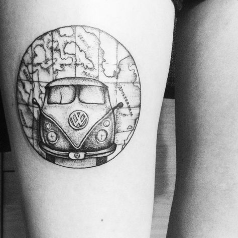 Road Trip VW Van Map Trip Tattoo Ideas, Vw Bus Tattoo, Roadtrip Tattoo, Bus Tattoo, Trip Tattoo, Wanderlust Tattoos, Vw Tattoo, Hippie Tattoo, Map Tattoos