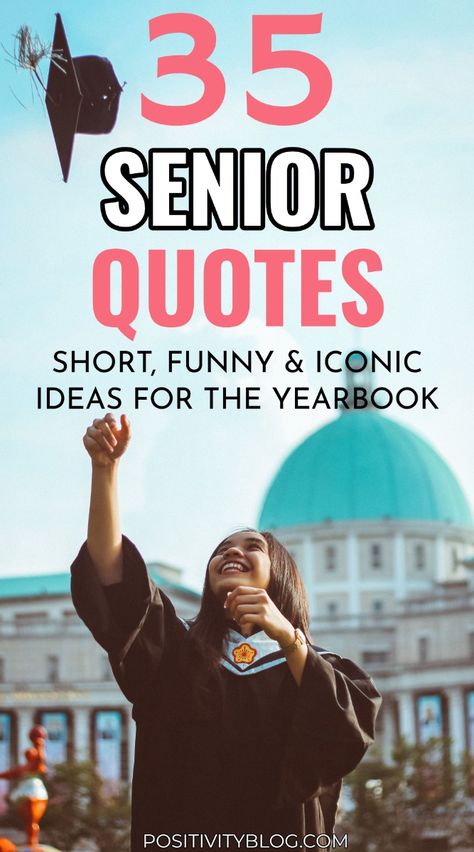 Leave your mark with these iconic senior quotes. From funny to inspirational, these short and great ideas in 35 Senior Quotes: Short, Unique and Sassy Ideas for the Yearbook (and For a Happy Life) bring positive and baddie vibes, making your yearbook entry truly one-of-a-kind.  Good Senior Quotes Funny │ Best Senior Quotes │ Senior Quotes Inspirational  │ Grad Quotes  │ Yearbook Quotes  │Funny Senior Quotes │ Graduation Quotes Senior Night Quotes Football, Funny But Meaningful Senior Quotes, Tv Show Yearbook Quotes, Senior Quotes Gilmore, Senior Quotes Yearbook, Senior Sayings High School, Funny Quotes For Yearbook, Funny But Meaningful Quotes, Senior Quotes Graduating Early