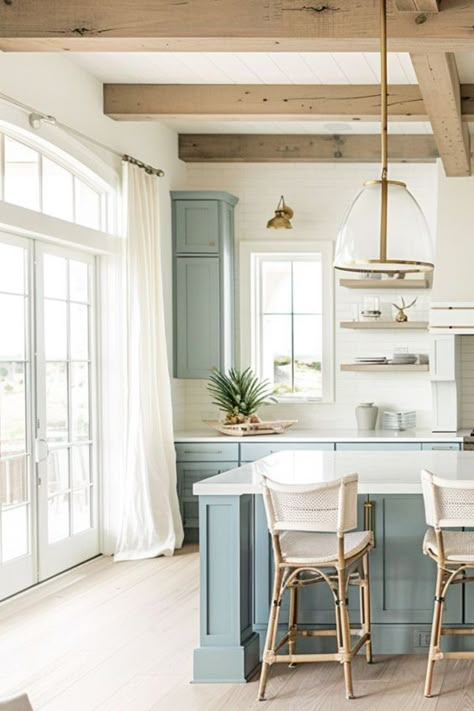 Discover a world of coastal farmhouse kitchen inspiration with over 30 ideas, including functional islands, chic cabinets, and atmospheric lighting. Embrace the tranquility of coastal colors and farmhouse design in your kitchen decor. Small Coastal Kitchen, Farmhouse Kitchen Designs, Coastal Cottage Kitchen, Coastal Kitchen Ideas, Townhouse Kitchen, Modern Coastal Kitchen, Modern Coastal Farmhouse, Lakehouse Kitchen, Retirement Goals