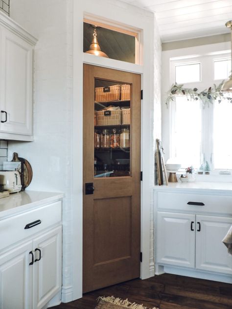 Our Kitchen Reveal - Berry Berry Quite Contrary Wood pantry door with transom window French Door For Pantry, Pantry With Transom Window, Window Above Pantry Door, Walnut Pantry Door, Wood Stain Pantry Door, Faux Wood Pantry Door, Solid Wood Pantry Door, Corner Pantry Next To Window, Dutch Pantry Door