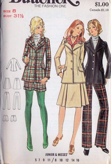 1970s Misses Jacket, Skirt, Pants and Shorts Vintage Sewing Pattern, Butterick 6346 bust 31.5" uncut Pleated Skirt Pattern, Vintage Fashion Sketches, Vintage Clothes Patterns, Retro Suits, Folded Envelope, 1970s Women, 70s Inspired Fashion, Seventies Fashion, Suit Pattern