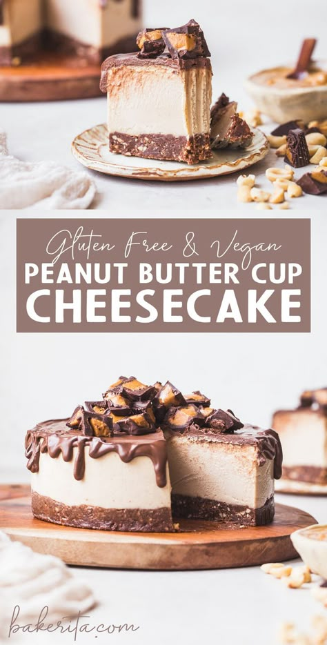 This Gluten-Free Vegan Peanut Butter Cup Cheesecake tastes like your favorite candy turned into a delightfully creamy vegan cheesecake. With a chocolate crust, creamy peanut butter filling, and chocolate ganache topping, you won't be able to have just one bite! No baking necessary. #cheesecake #vegancheesecake #peanutbuttercup #chocolate #peanutbutter #glutenfree #dairyfree Chocolate Ganache Topping, Cup Cheesecake, Vegan Peanut Butter Cups, Peanut Butter Cup Cheesecake, Vegan Cheesecake Recipe, Chocolate Crust, Vegan Cheesecake, Desserts Vegan, Peanut Butter Filling