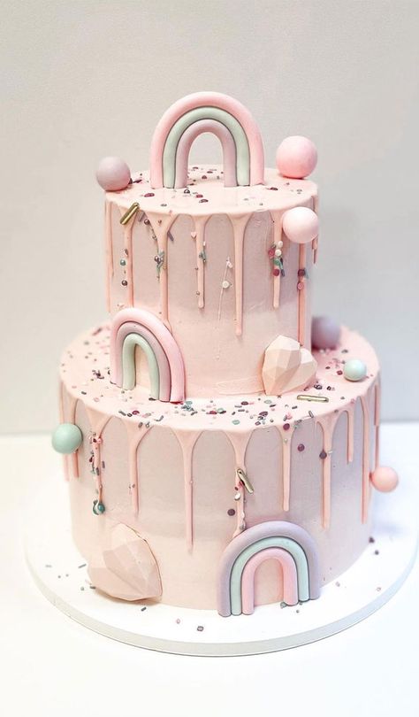 birthday cake, rainbow cake design, rainbow birthday cake Cute Cake Ideas, Birthday Rainbow Cake, Two Tiered Cake, Girls First Birthday Cake, 1st Bday Cake, 2nd Birthday Cake, Cake Design Ideas, Tiered Cakes Birthday