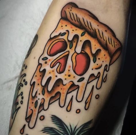 Traditional Tattoo Eye, Skull Pizza, Pizza Tattoo, Faded Tattoo, Monster Tattoo, Food Tattoos, Knife Tattoo, Traditional Tattoo Sleeve, Skeleton Tattoos