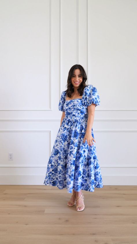 Floral Midi Dress Wedding, Lengha Blouse, Dress For Church, Blue Wedding Guest Dresses, Baby Shower Outfit For Guest, Floral Dress Wedding Guest, Summer Dress Blue, Midi Dress Wedding Guest, Midi Dress Outfit