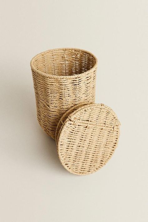 WASTEPAPER BASKET WITH REMOVABLE LID - Light beige | ZARA United States Basket Trash Can Bathroom, Master Bath Trash Can, Boho Trash Can, Bathroom Waste Basket Target, Wastepaper Basket, Tall Barhroom Trashcans With Lids, Bathroom Trash Can, Apartment Aesthetic, Zara United States