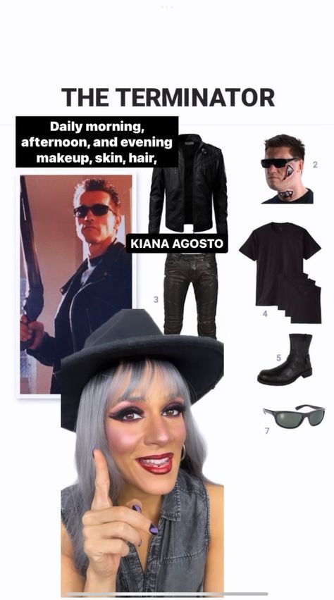 HOW TO: Arnold Schwarzenegger The Terminator Halloween Costume Idea 🦾 #ArnoldSchwarzenegger #TheTerminator #illbeback #cosplay #costumeideas #costumecontest #halloweenparty #halloweencostumeideas #halloweencostume #halloweencostumecontest #spookyseason #spookyvibes #halloweenparty #halloweenevent | Kiana Agosto | Kiana Agosto · Original audio Terminator Costume, Easy Halloween Costume Ideas, Costume Ideas Halloween, Easy Halloween Costume, Halloween Costume Idea, The Terminator, Halloween Costume Contest, Evening Makeup, Ready For Halloween