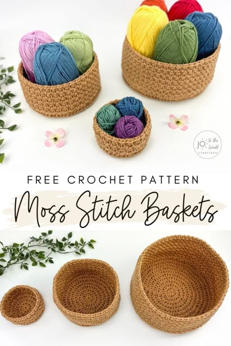 Crochet Girlies, Crochet Storage Basket Pattern, Crochet Kindness, Crochet Basket Tutorial, Crocheted Baskets, Moss Stitch Pattern, Coil Basket, Square Basket, Crochet Basket Pattern Free