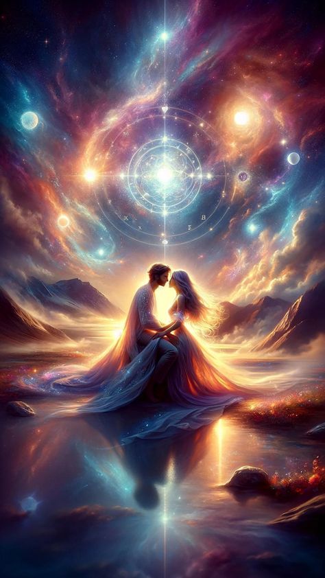 An ethereal depiction of love, this couple cosmic art captures divine masculine and divine feminine in a symphony of celestial romance. The painting portrays a bride and groom woven into stardust. Their inherent strength is unveiled as they heal through blocks to their twin flame union, showcasing an eternal give and take in this cosmic dance of love. Such expressions of divine love glimpse into the transformative power of connection and union, unifying both earthly and heavenly realms. Twin Flame Relationship, Moonlit Sky, Cosmic Art, Romance Art, Whatsapp Dp Images, Geometric Forms, Under The Moon, Twin Flames, Perfect Love