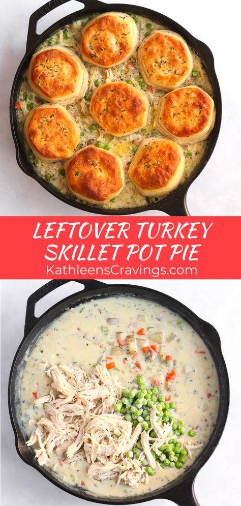 Turkey Pot Pie With Biscuits, Leftover Turkey Pot Pie, Pot Pie With Biscuits, Turkey Skillet, Pot Pie Recipe Easy, Turkey Pot Pie Recipe, Turkey Leftovers, Shredded Turkey, Thanksgiving Leftover Recipes