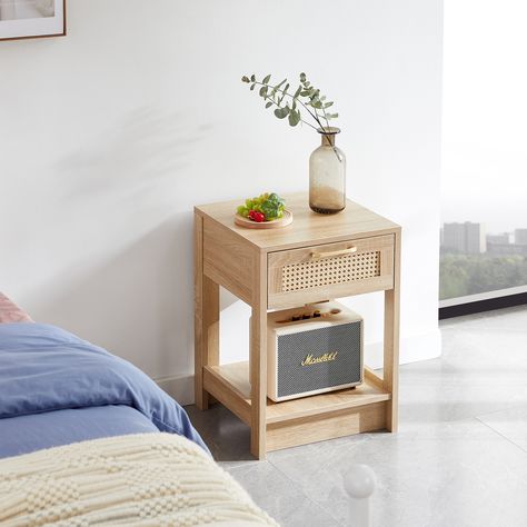 1.Product dimensions: 15.75"*15.75"*21.65" Net weight: 20.06lbs Load-bearing capacity:120lbs 2.Material: The main body is made of MDF, with rattan woven door panels and aluminum alloy handle. 3.Exquisite appearance: This side table features a rattan… Woven Door, Rattan End Table, End Table With Drawer, End Tables With Drawers, Rattan Side Table, Side Table With Drawer, Table For Small Space, Modern Bedside Table, Mdf Frame