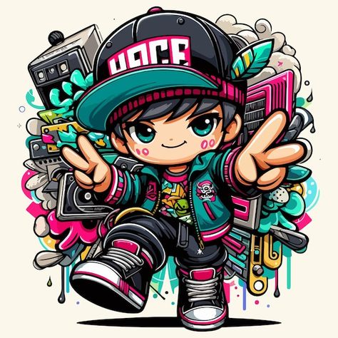 Hip hop boy | Premium Vector #Freepik #vector #kid-illustration #boy-cartoon #vectorart #kawaii-cartoon Cartoon Graphic Design For Tshirts, Insta Avatar, Cartoon Pirate Ship, Hip Hop Cartoon, Kid Illustration, Cool Cartoon Drawings, Boy Cartoon, Door Design Images