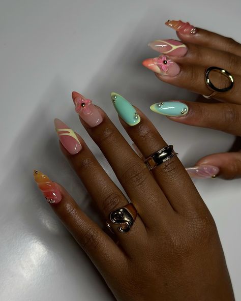 Summer cruise ready!! 🍹🍸🕶️🌞☀️ #dovenailsbysharon Caribbean Vacation Nails, Carnival Nails Designs, Summer Almond Nails, Carnival Nails, Trendy Almond Nails, Jade Nails, Summer Cruise, Caribbean Vacation, Tropical Nails