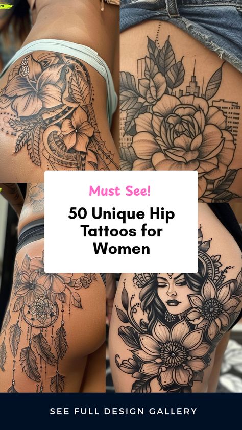 Discover 50 unique hip tattoos for women in this inspiring pin. Featuring a variety of designs from dream catchers to floral pieces, this collection highlights the beauty and significance of hip tattoos in personal expression. Get inspired with four stunning images! Top Leg Tattoo Women, Woman’s Thigh Tattoo Ideas, Thigh Tattoo Cover Up Ideas, Thigh Tattoos Ideas For Women, Wave Tattoo On Hip, Full Thigh Tattoo Women, Flower Hip Tattoo Thigh Piece, Women’s Thigh Tattoos, Tattoo Ideas Female Thigh Unique