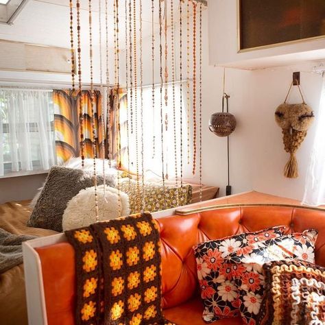 70s Beads Curtain, 70s Beaded Curtain, 70s Caravan, 1970s Curtains, Caravan Interiors, Beaded Curtains Doorway, 70s Furniture, Orange Vinyl, Macrame Wall Hangings