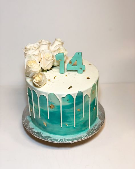 Teal And White Birthday Cake, Teal Colored Birthday Cakes, Teal Cake With Flowers, Teal Bday Cakes, Turquoise Drip Cake, Dark Teal Birthday Cake, 18th Birthday Cake Teal, Teal Marble Cake, Teal And Gold Birthday Cake