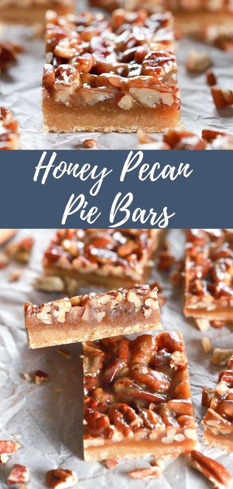 Honey pecan pie bars on a piece of white parchment paper with chopped pecans scattered around them Pecan Honey Pie, Honey Bars Recipe, Pecan Pie Bars Without Corn Syrup, Recipes Using Corn Syrup, Healthy Pecan Desserts, Pecan Pie Bars No Corn Syrup, Honey Sweetened Desserts, Honey Pecan Pie Recipe, Honey Pecan Pie