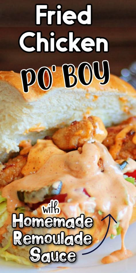 Fried Chicken Sandwich Ideas, Chicken Poboy Sandwich Recipe, Po Boys Sandwiches, Chicken Patty Sandwich Recipes, Poorboy Sandwich Recipe, Fried Shrimp Poboy Sandwich, Oyster Poboy Sandwich, Poboy Sauce, Chicken Sandwich Sauce Recipes