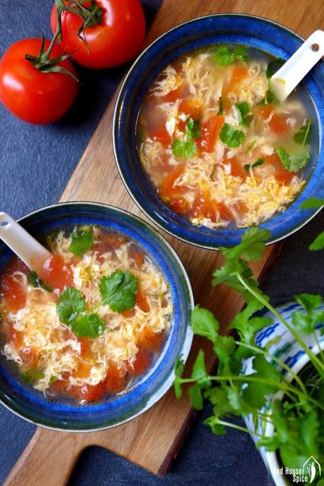 Neither chicken stock nor corn starch required, Chinese egg drop soup with tomato is a tasty, heathy dish that you can make in 10 minutes. Tomato Egg Drop Soup, Chinese Egg Drop Soup, Chinese Soups, Spiced Eggs, Tomato Egg, Chinese Egg, Egg Drop Soup, Egg Drop, Easy Chinese Recipes