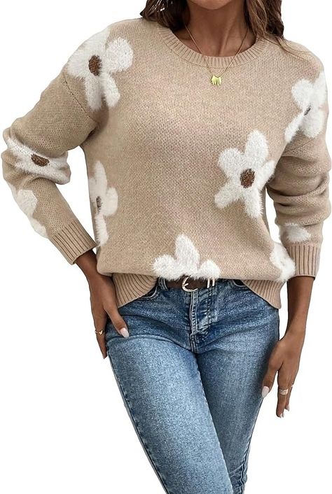 SOLY HUX Women's Floral Pattern Long Sleeve Sweaters Drop Shoulder Crew Neck Pullover Tops Beige Floral L at Amazon Women’s Clothing store Oversized Sweater Women, Daisy Design, Floral Sweater, Long Sleeve Pullover Sweater, Drop Shoulder Sweaters, Fuzzy Sweater, Ribbed Knit Sweater, Pullover Sweater Women, Cute Sweaters