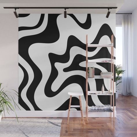 Accent Wall Squiggle, Mural Line Art, Wavy Wall Design, Black And White Accent Wall Bedroom, Black And White Murals, Squiggle Wall Mural, Black And White Wall Design, Easy Mural Ideas Diy, Easy Mural Ideas