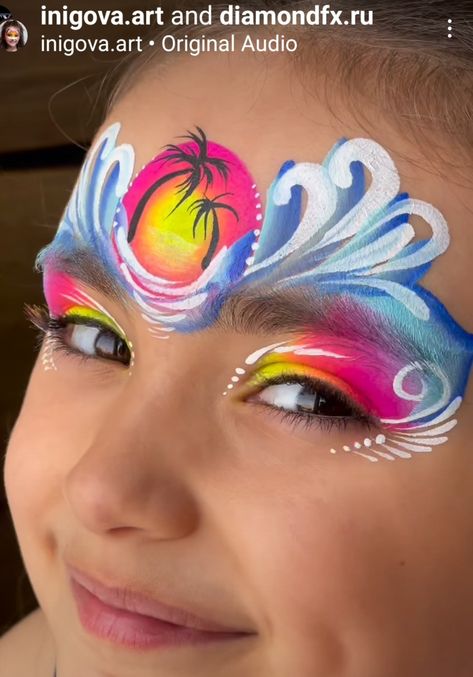 Summer Face Painting Ideas For Kids, Easy Summer Face Painting, Summer Face Paint Ideas, Luau Face Painting Ideas, Tropical Face Paint, Hawaii Face Paint, Kids Halloween Face, Underwater Face Painting, Tropical Flower Face Paint