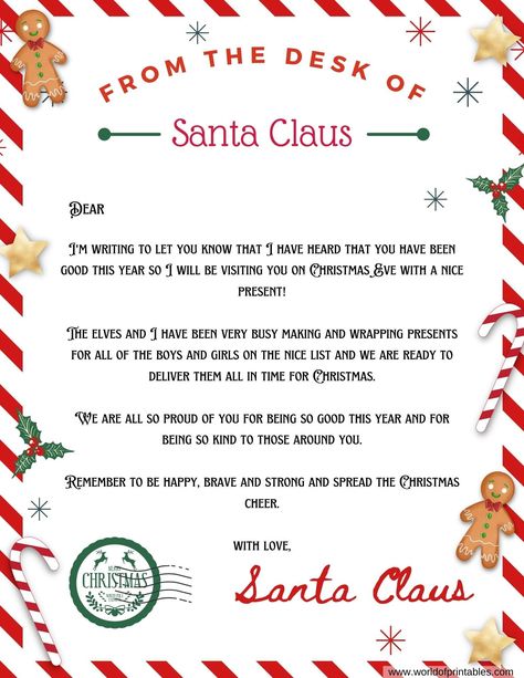 Elf Santa Letters, Santa Response Letter, Free Printable Letters From Santa Claus, Santa Clause Letter Template, Diy Santa Letter, Free Letters From Santa Printable, Dear Santa Template, Santa Cam Letter Printable Free, Blank Letter From Santa Free Printable