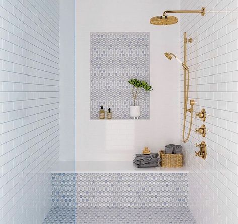 blue and white bathroom with mosaic and penny tiles Bathroom Floor Wall Combination, Shower Accent Tile Ideas Feature Walls, Shower And Floor Tile Combo, Bathroom Floor And Wall Tile Ideas, Mozaik Bathroom, Classic Shower Tile Ideas, Children’s Bathroom, Portuguese Tiles Bathroom, Bathroom Mosaic Tile Ideas