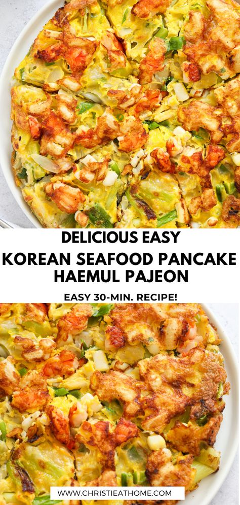 Korean Seafood Pancake (Haemul Pajeon). A crispy chewy aromatic onion pancake topped off with squid rings and shrimp. A popular appetizer, snack or side dish in Korean cuisine that will keep your taste buds salivating for more. Easy to make at home and in less than 30 minutes. #korean seafood pancake recipe #koreanfood #asianfood #koreanrecipe #korean pancake #pancake #asianrecipes #asianrecipe #korean seafood pancake dipping sauce #appetizer #korean Haemul Pajeon Recipe, Korean Seafood Pancake Recipe, Pajeon Recipe, Kimchi Pancake Recipe, Haemul Pajeon, Korean Pancake Recipe, Korean Seafood Pancake, Korean Seafood, Seafood Pancake