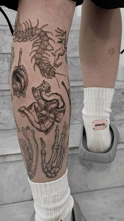 Patch Work Tattoo Leg, Mixing Tattoo Styles, Nature Patchwork Sleeve, Patchwork Arm Sleeve, Patch Work Leg Sleeve Tattoo, Hamstring Tattoo, Patch Sleeve Tattoo, Patch Work Sleeve Tattoo, Leg Patchwork Tattoo