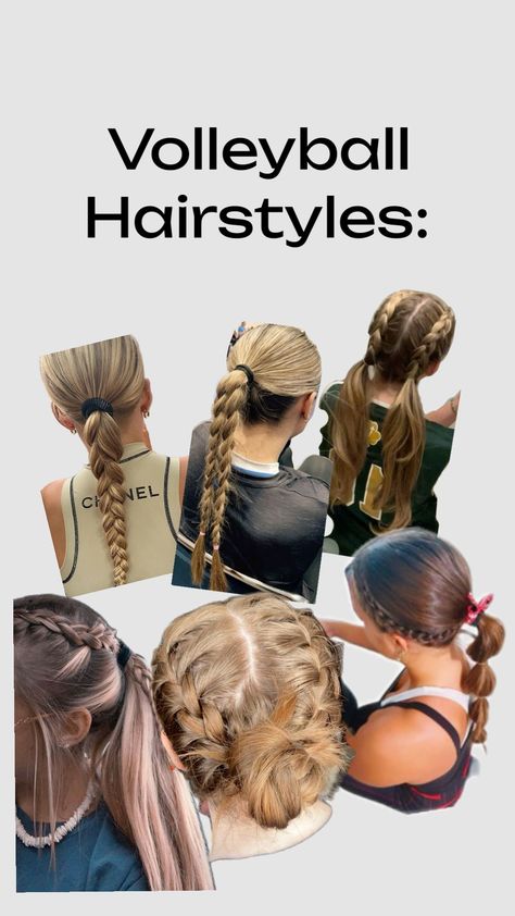 Volleyball Hairstyles!! #volleyball #hairstyles #inspo Cute Hairstyles For Volleyball Pictures, Volleyball Ponytail Hairstyles, Fast And Easy Volleyball Hairstyles, Volleyball Hairstyles For Practice, Best Volleyball Hairstyles, Cute Updos For Sports, Braided Hairstyles For Volleyball, Hairstyles For Volleyball Practice, Easy Volleyball Hairstyles No Braids