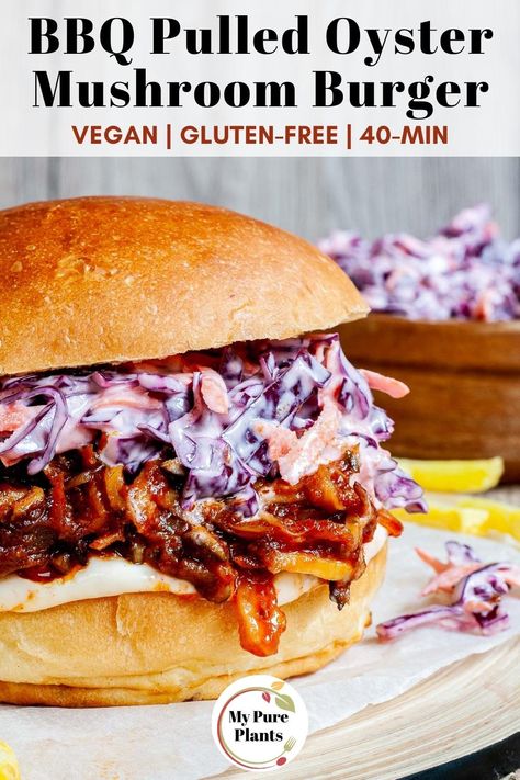 Pulled Mushroom Bbq, Bbq Pulled Mushrooms, Mushroom Pulled Pork Vegan, Pulled King Oyster Mushrooms, Vegetarian Mushroom Burger, Pulled Pork Mushrooms, Pulled Oyster Mushroom, Oyster Mushroom Burger Recipe, Shredded Oyster Mushrooms