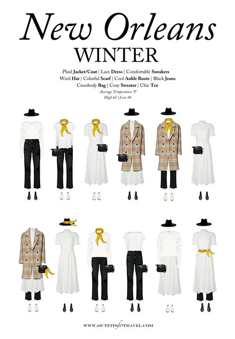 Our New Orleans packing list was developed to help you select what to pack for a trip to New Orleans in the winter. To do this, we looked to some of our favorite winter trends. Think cool boots, western elements, perfect plaids and oversized accessories. And utilizing these fashion-forward winter styles, we developed a 10-piece capsule travel wardrobe. What To Wear In New Orleans In Fall, New Orleans Aesthetic Outfit Winter, What To Wear In Nola In February, Winter In New Orleans Outfits, New Orleans In January What To Wear In, New Orleans Outfits Winter, New Orleans Packing List Winter, Nola Winter Outfits, Winter New Orleans Outfits