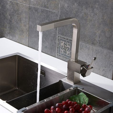 Contemporary Single Handle Square Pull-Out Brass Kitchen Faucet in Brushed Nickel Contemporary Kitchen Faucet, Industrial Kitchen Faucet, Brass Kitchen Tap, Modern Kitchen Faucet, Brushed Nickel Kitchen, Modern Kitchen Sinks, Brass Kitchen Faucet, Brass Kitchen, Bath Faucet