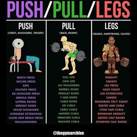 The push, pull, legs split is a workout routine that divides exercises into three categories based on muscle group focus: pushing, pulling, and legs. In this split, one day is dedicated to exercises that primarily target the chest, shoulders, and triceps (push day), another day to exercises that target the back and biceps (pull day), and a third day to exercises that target the legs (leg day). This type of split allows for optimal recovery of each muscle group. Push Pull Legs Workout, Push Pull Workout, Push Pull Legs, Push Workout, Push Day, Workout List, Workout Splits, Push And Pull, Trening Fitness