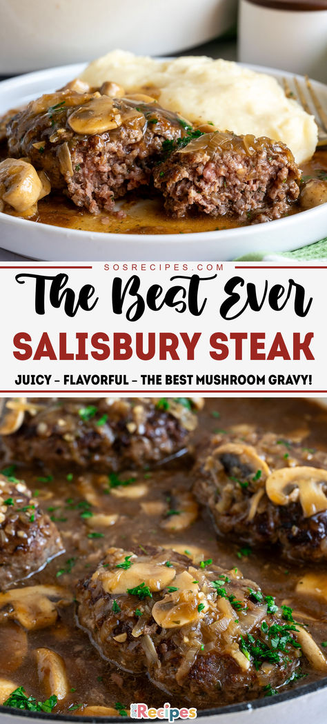 This Low-Carb Salisbury Steak with Mushroom Gravy is a delicious and healthy twist on a comfort food classic! Juicy beef patties are smothered in a rich, creamy mushroom gravy, making it the perfect hearty meal for any night. Plus, it's easy to make and keto-friendly! Satisfy your cravings without the carbs. #LowCarbRecipes #SalisburySteak #MushroomGravy #KetoFriendly #HealthyDinner #EasyRecipes #ComfortFood #LowCarbDinners #KetoMeals #QuickDinnerIdeas Homemade Saulsberry Steak, Best Ever Salisbury Steak Recipe, Healthy Salisbury Steak, Salisbury Steak Recipe Oven, Salisbury Steak Recipe Easy, Keto Steak Recipes, Keto Salisbury Steak, Best Salisbury Steak, Salisbury Steak With Mushroom Gravy