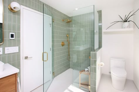 Rejuvenating Rosemary Shower & Pony Wall | Fireclay Tile Poolhouse Bathroom, Shower Styles, Pony Walls, Handmade Tile Backsplash, Guest House Bathroom, Bathroom Backsplash Ideas, Sink And Vanity, Neutral Backsplash Kitchen, Bathroom Things