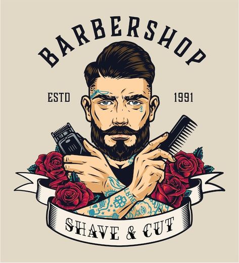 Barbershop Logo, Vintage Barbershop, Shaving Cut, Barber Logo, Barbershop Design, Tattoo Background, Vintage Barber, Barber Shop Decor, Vector Graphics Design