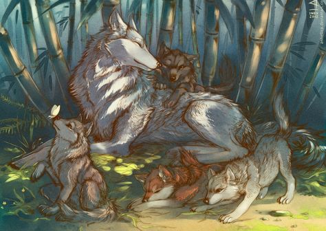 Wolf Family Drawing, Werewolf Family, Wolf Drawings, Anime Wolf Drawing, Wolf Family, Canine Drawing, Wolf Artwork, Wolf Painting, Fantasy Wolf