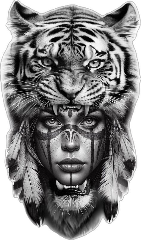 Tattoo Indien, Shen Long Tattoo, Tiger Head Tattoo, Headdress Tattoo, Animal Sleeve Tattoo, Tier Tattoo, Native American Tattoo, Aztec Tattoo Designs, Native Tattoos