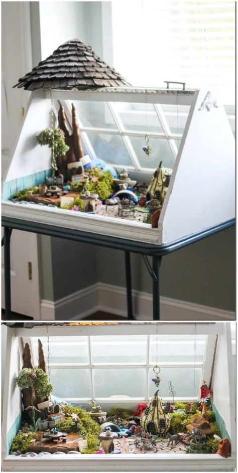 40 Simple Yet Sensational Repurposing Projects For Old Windows - DIY & Crafts Bedroom Christmas Lights, Windows Repurposed, Fairy Garden Design Ideas, Old Window Projects, Micro Garden, Pergola Diy, Old Window Frame, Hanging Room Dividers, Door Diy