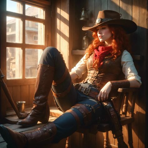 Explore AI Generated Art - NightCafe Creator Redhead Cowgirl, Western Oc, Saloon Party, Zombie Survivor, Strong Outfit, Redhead Characters, Western Gothic, Medieval Aesthetic, Cowgirl Art