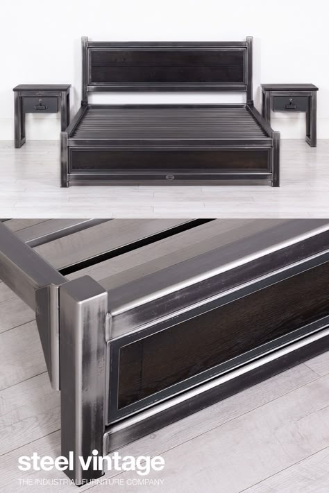 Steel And Wood Bed, Stainless Steel Bed Design, Steel Bed Design Modern, Steel Bed Frame Ideas, Metal Bed Design, Bed Industrial, Meeting Room Tables, Metal Bed Base, Industrial Bed Frame