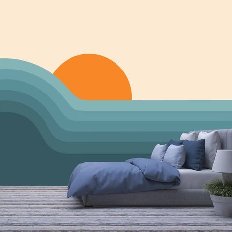 Retro Landscape Wallpaper, Indoor Mural Wall Art, Landscape Mural Painting, Mid Century Modern Mural, Mcm Mural, Arch Bedroom, Mid Century Modern Landscape, Retro Mural, Sunset Mural