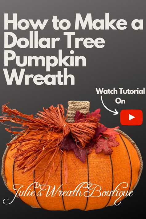 Looking for a challenge? Then this is the youtube tutorial you've been looking for! The challenge isn't the difficulty level, but how to make a fabulous wreath for next to nothing using supplies from the Dollar Tree and burlap material by the yard. Julie shows you step by step just how affordable this fall pumpkin  can be to make for that new front door wreath you've been looking to make. Are you up for the challenge?
#frontdoorwreath #pumpkin #DollarTree #youtubetutorial #julieswreathboutique Dollar Tree Pumpkin Wreath Forms, Pumpkin Wreath Diy Videos, Dollar Store Pumpkin Wreath Frame, Pumpkin Shaped Wreath Dollar Tree, Wire Pumpkin Wreath Diy, Dollar Tree Fall Ribbon Wreath, Pumpkin Mesh Wreaths, Wire Pumpkin Wreath Dollar Tree Ribbon, Pumpkin Wreath Tutorial