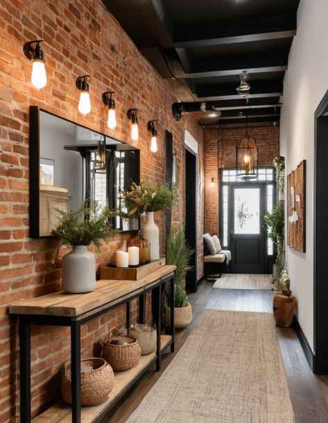 Top 46 Hallway Decor Ideas To Transform Your Space: Stylish And Functional Tips Industrial Hallway Ideas, Small Hallways Ideas, Hallway Entrance Ideas, Front Hallway Ideas, Interior Brick Wall Ideas, Brick Hallway, Bold Entryway, Hallway Wall Ideas, Dark Hallway Ideas