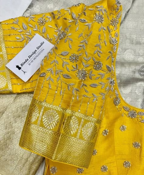 Yellow Saree Blue Blouse Maggam Work, Heavy Blouses, Pink Blouse Work, Traditional Saree Blouse Designs, Exclusive Blouse Designs, Floral Blouse Designs, Green Blouse Designs, Maggam Blouses, Pink Blouse Designs