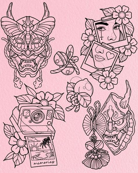 Gavin Hackett on Instagram: "💜AVAILABLE DESIGNS💜 . I have these designs available to tattoo !! Drop me a message if you would like to get one !! . #neotrad #neotraditionaltattoo #neotraditional #lowkeytattooglasgow #glasgowtattoo #tattooflash #cameratattoo #japanesetattoo #polaroidtattoo #hannyamasktattoo #butterflytattoo" Hannya Mask Traditional Tattoo, Io Moth Tattoo, Neotraditional Flower Tattoo Designs, Traditional Mask Tattoo, Japanese Neotraditional, Small Neo Traditional Tattoo, Neotrad Flash, Neo Trad Tattoo Design, Neotraditional Tattoo Flash Art