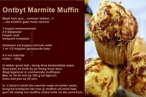 Ontbyt Marmite Muffin Marmite Muffins, Homade Muffins, Marmite Tert, Bake Goods Recipes, Muffin Pan Recipes, Savoury Muffins, Gluten Free Cake Recipe, Scones Recipe Easy, African Cooking