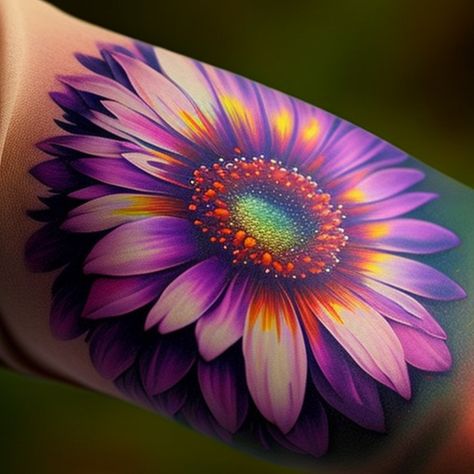 114 Purple Flower Tattoo Ideas - TattooClue.com Purple Bird Tattoo, Neon Flower Tattoo, Goodbye Tattoo Ideas, Colorful Tattoo Cover Up Ideas, Purple Sunflower Tattoo, Vibrant Flower Tattoo, Purple Daisy Tattoo, Purple Flower Tattoos For Women, Different Flower Tattoos